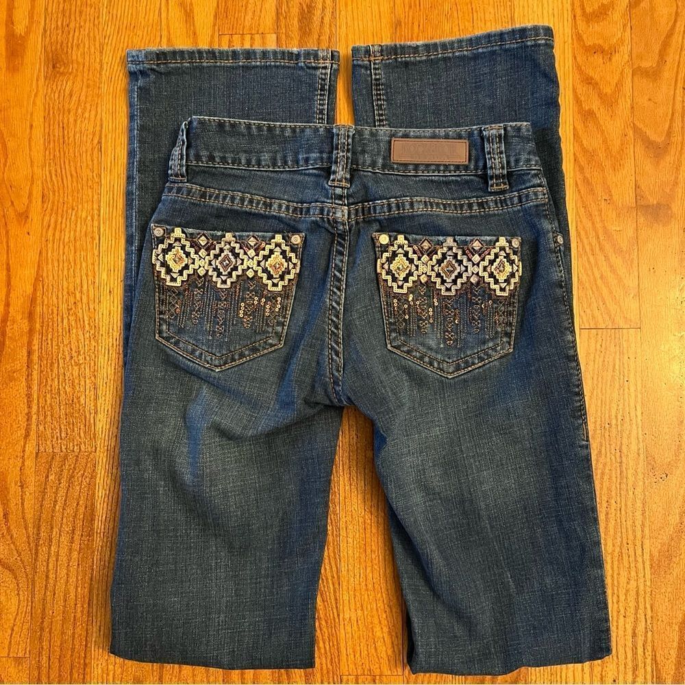 Rock & Roll Cowgirl Western Aztec Mid-Rise Bootcut Jeans DK Wash EUC SZ 24 X 34